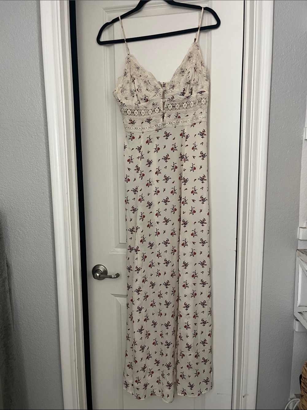 Free People Cream Floral Lace-Trim Spaghetti-Strap Dress